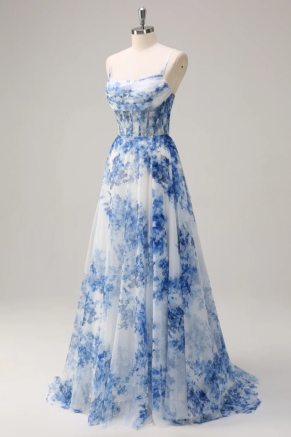 Elegant Spaghetti Strap Blue Floral Print Tulle Maxi Prom Dress with Corset Bodice