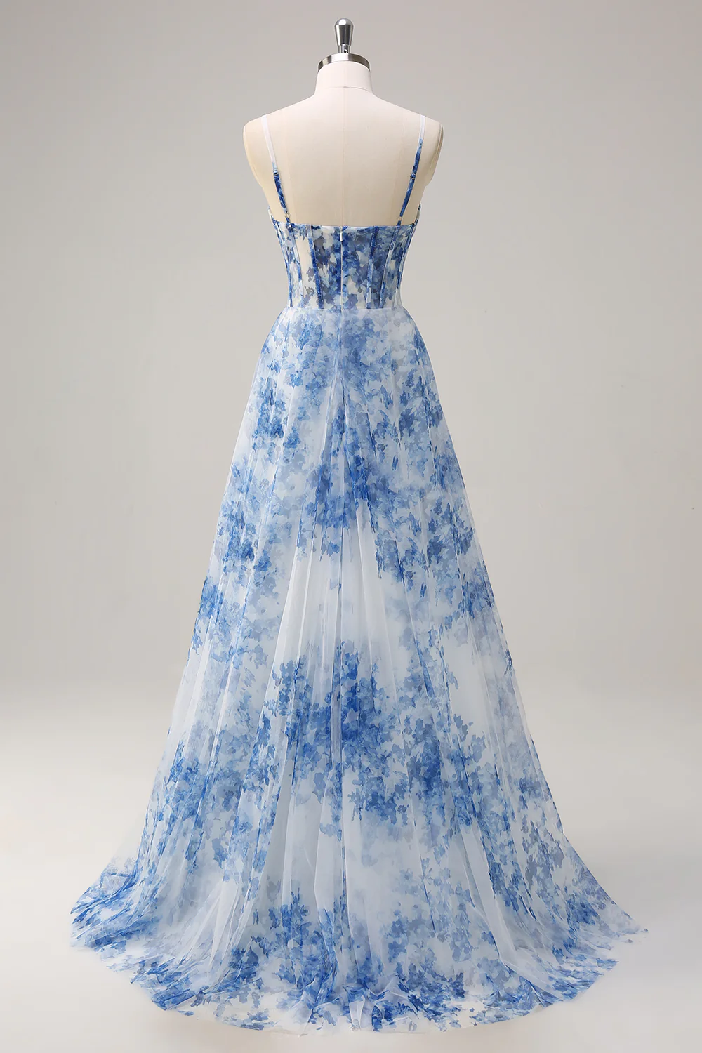 Elegant Spaghetti Strap Blue Floral Print Tulle Maxi Prom Dress with Corset Bodice