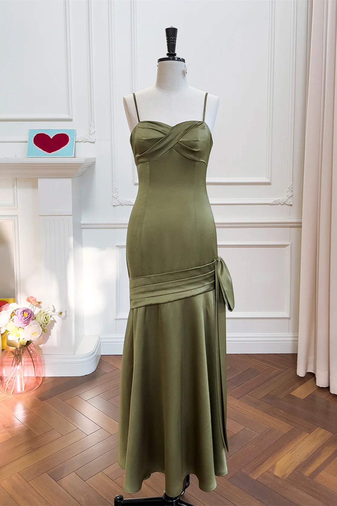 Olive Green Satin Sheath/column Floor-Length Dress with Sweetheart Neckline, Twisted Bust & Draped Skirt