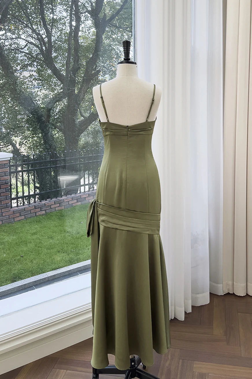 Olive Green Satin Sheath/column Floor-Length Dress with Sweetheart Neckline, Twisted Bust & Draped Skirt
