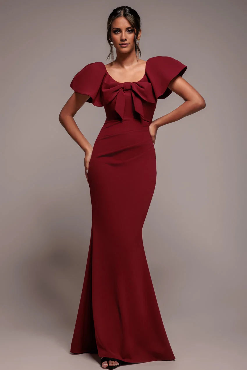 Elegant Square Neck Bow-Detailed Ruffled Sleeve Mermaid Floor-Length Evening Dress