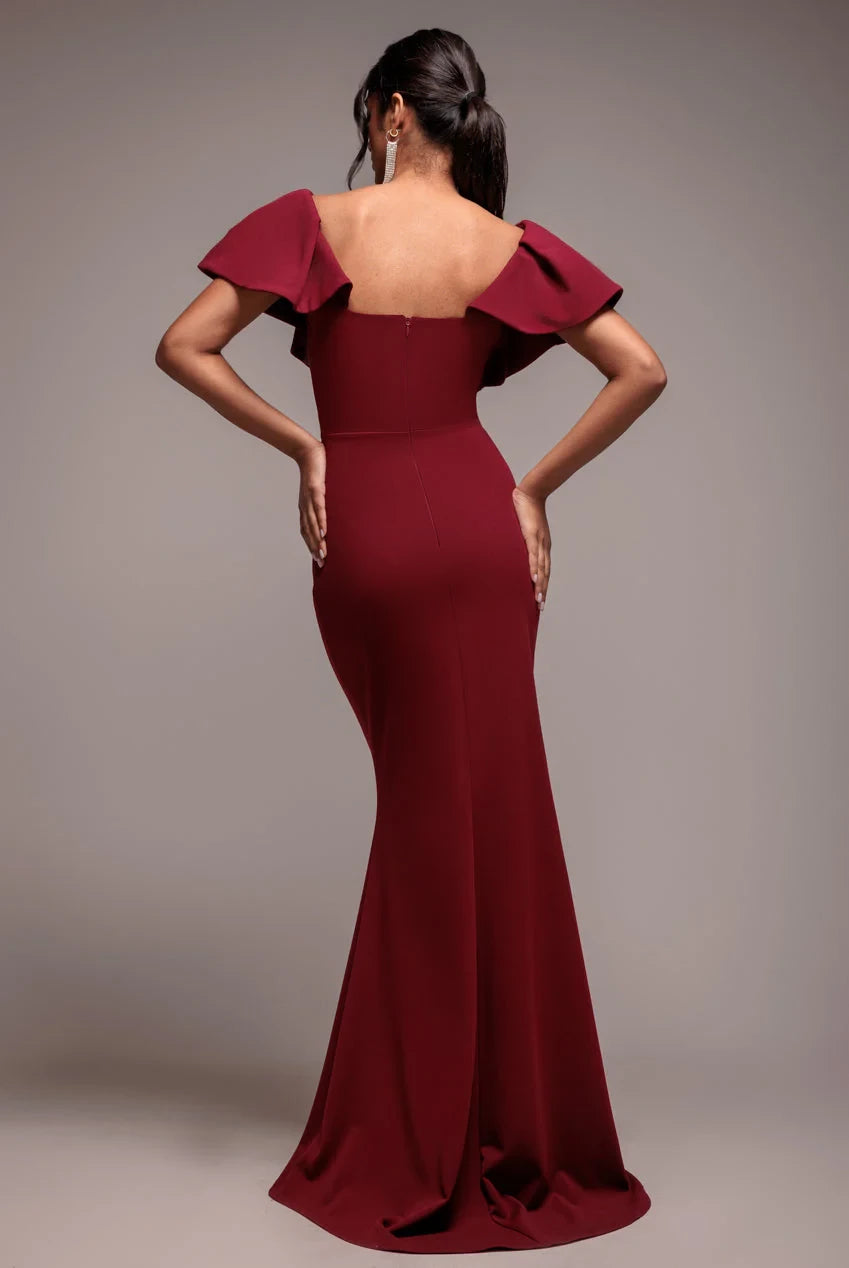 Elegant Square Neck Bow-Detailed Ruffled Sleeve Mermaid Floor-Length Evening Dress