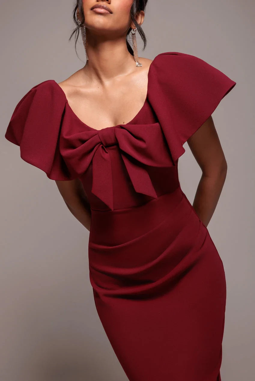 Elegant Square Neck Bow-Detailed Ruffled Sleeve Mermaid Floor-Length Evening Dress