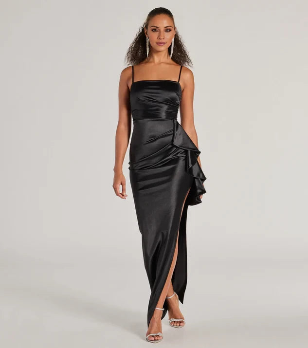 Elegant Square Neck Sleeveless Spaghetti Strap Ruffled Slit Satin Floor-Length Evening Dress