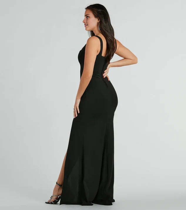 Elegant Square Neck Sleeveless Wide Strap Ruched Slit Mermaid Floor-Length Evening Dress