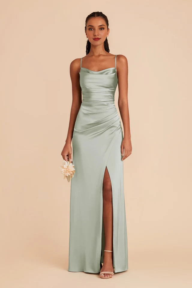 Sage Green Satin Cowl Neck Sheath/Column Floor-Length Bridesmaid Dress