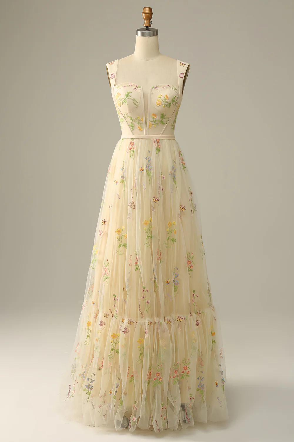 Elegant Square Strap Floral Embroidered Tulle Prom Dress with Low Back