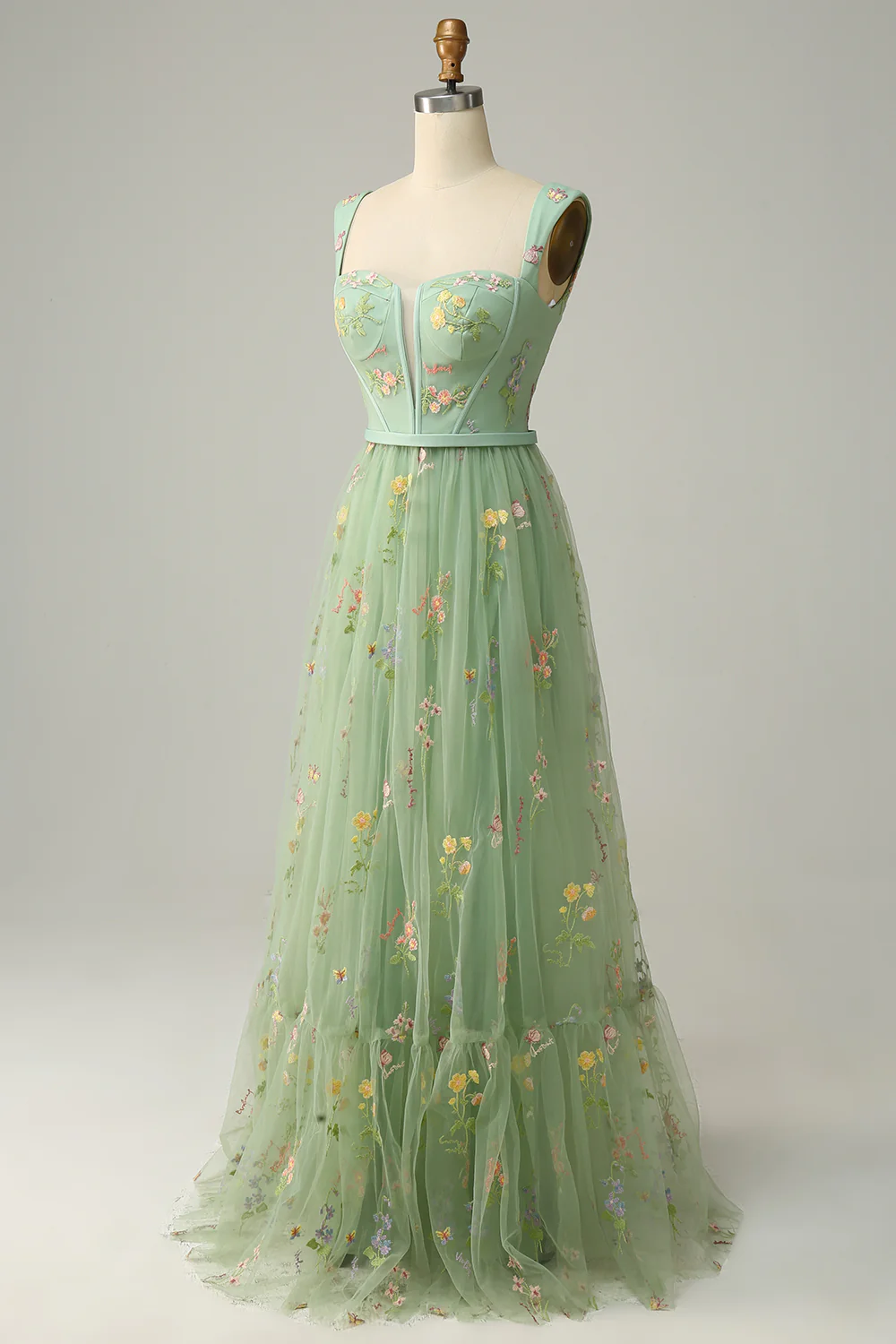 Elegant Square Strap Floral Embroidered Tulle Prom Dress with Low Back
