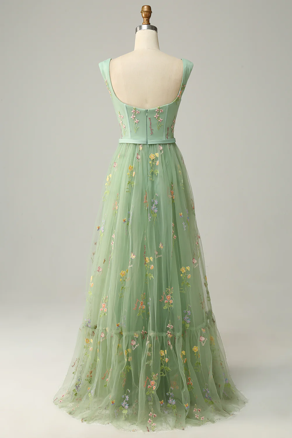Elegant Square Strap Floral Embroidered Tulle Prom Dress with Low Back