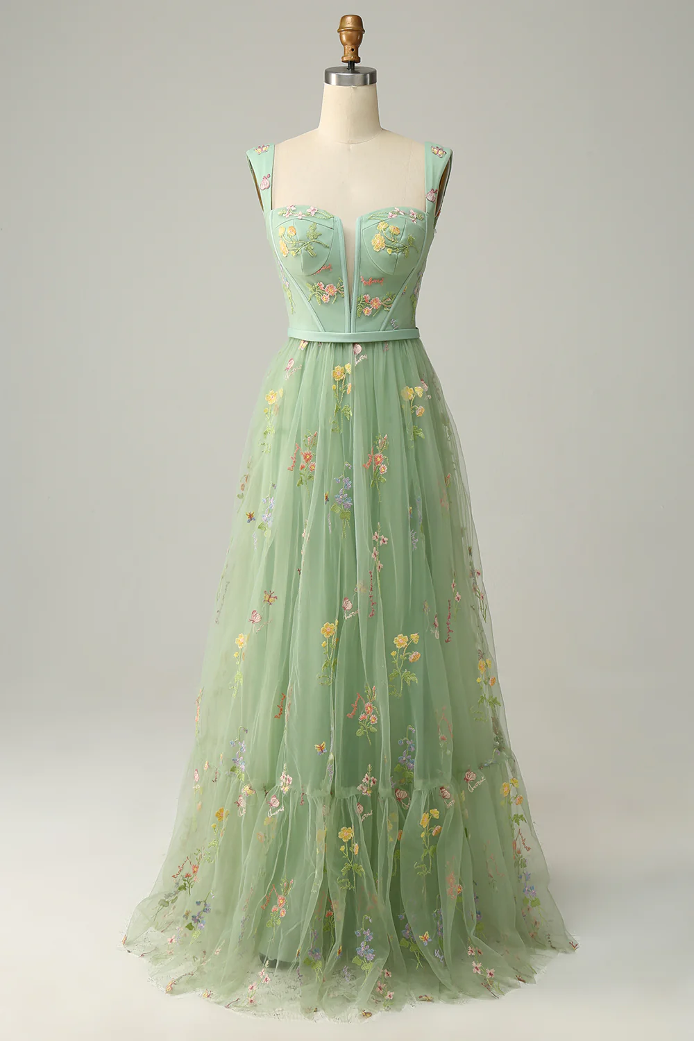 Elegant Square Strap Floral Embroidered Tulle Prom Dress with Low Back