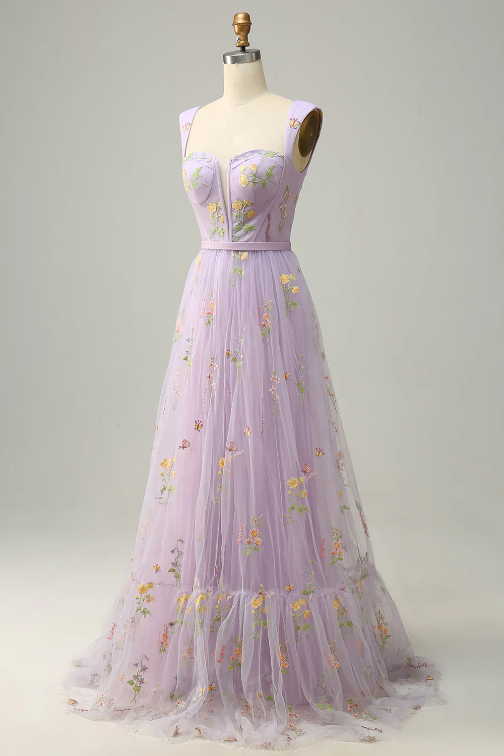 Elegant Square Strap Floral Embroidered Tulle Prom Dress with Low Back