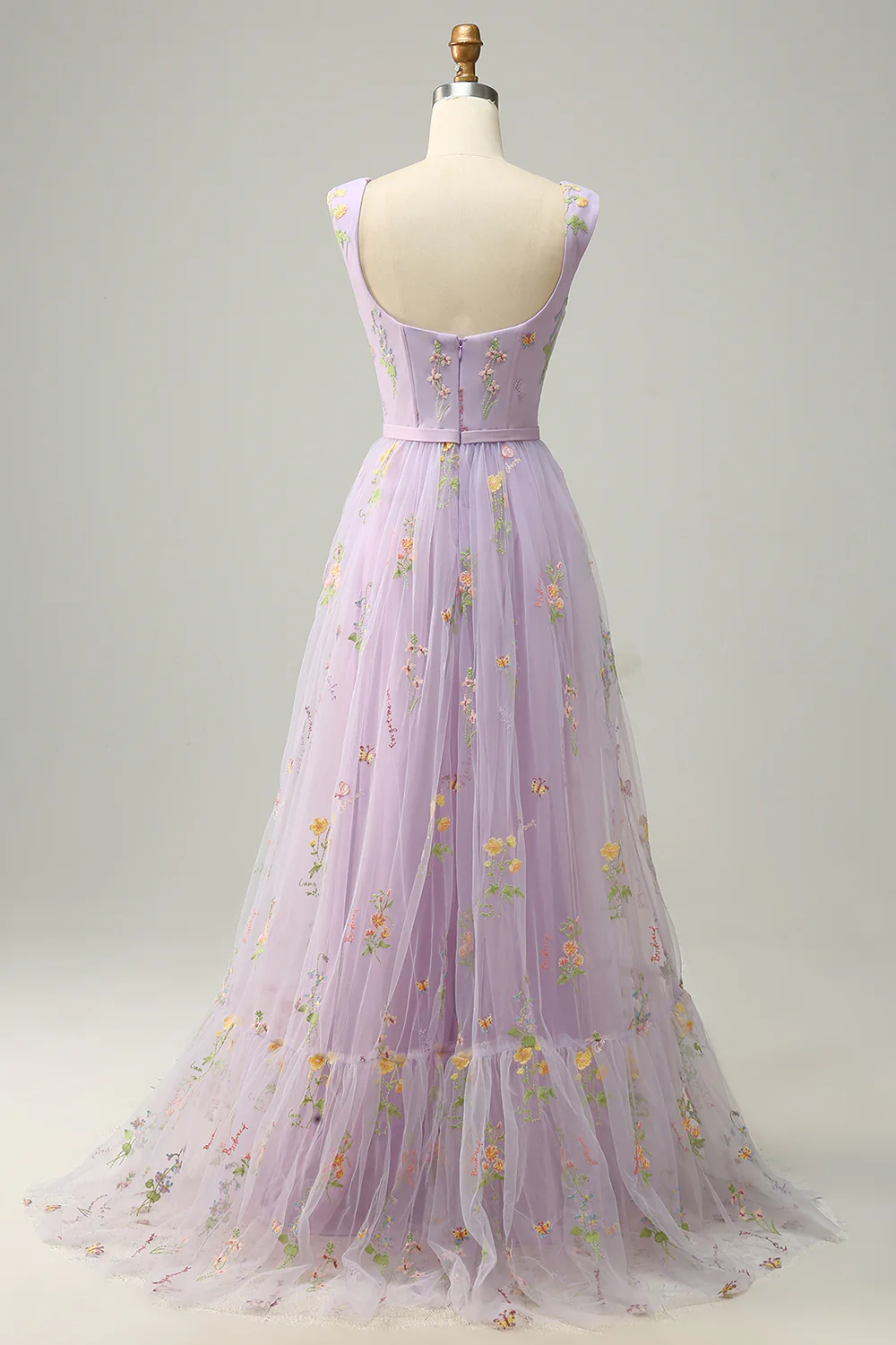 Elegant Square Strap Floral Embroidered Tulle Prom Dress with Low Back