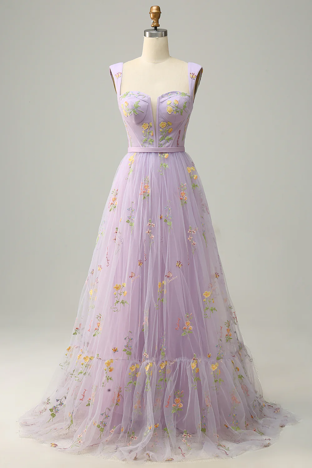 Elegant Square Strap Floral Embroidered Tulle Prom Dress with Low Back