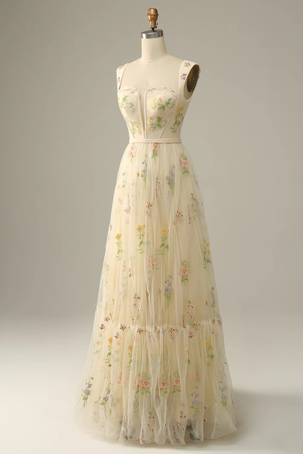 Elegant Square Strap Floral Embroidered Tulle Prom Dress with Low Back