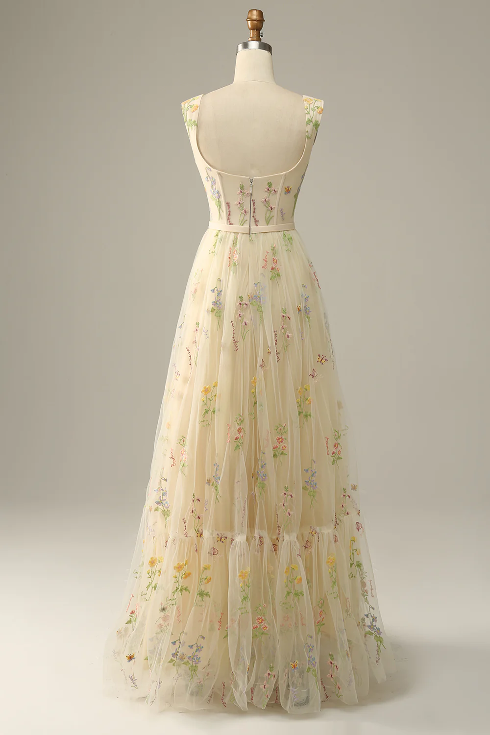Elegant Square Strap Floral Embroidered Tulle Prom Dress with Low Back