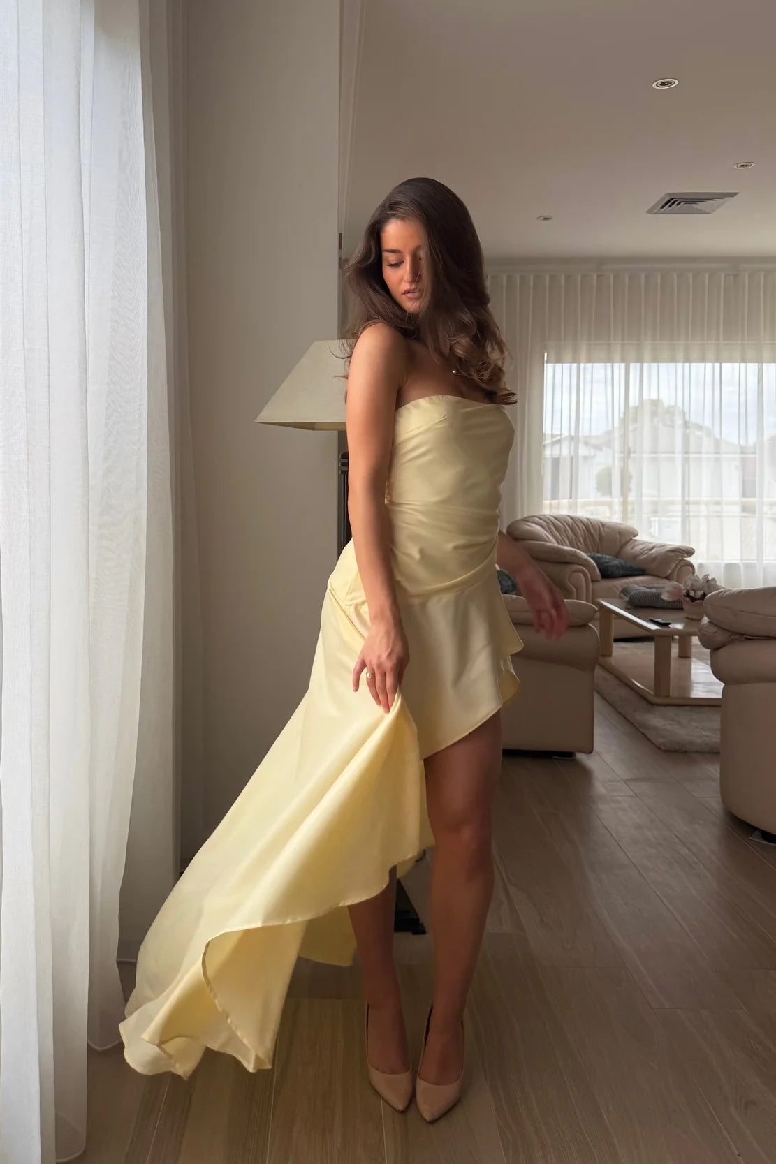 Elegant Strapless Asymmetrical Ruched Sleeveless Plain Back High Low Satin Evening Dress