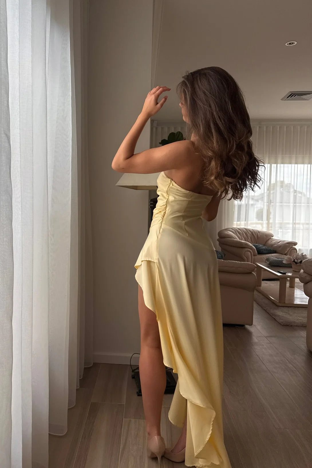 Elegant Strapless Asymmetrical Ruched Sleeveless Plain Back High Low Satin Evening Dress