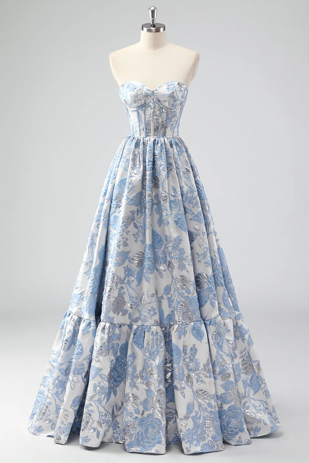 Elegant Strapless Floral Brocade Tiered Ruffle Maxi Prom Dress with Corset Bodice