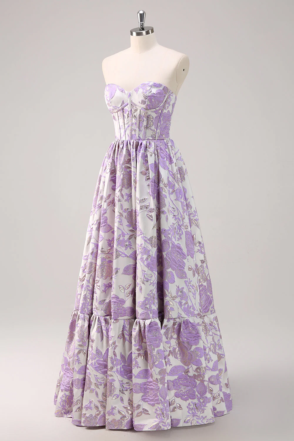 Elegant Strapless Floral Brocade Tiered Ruffle Maxi Prom Dress with Corset Bodice
