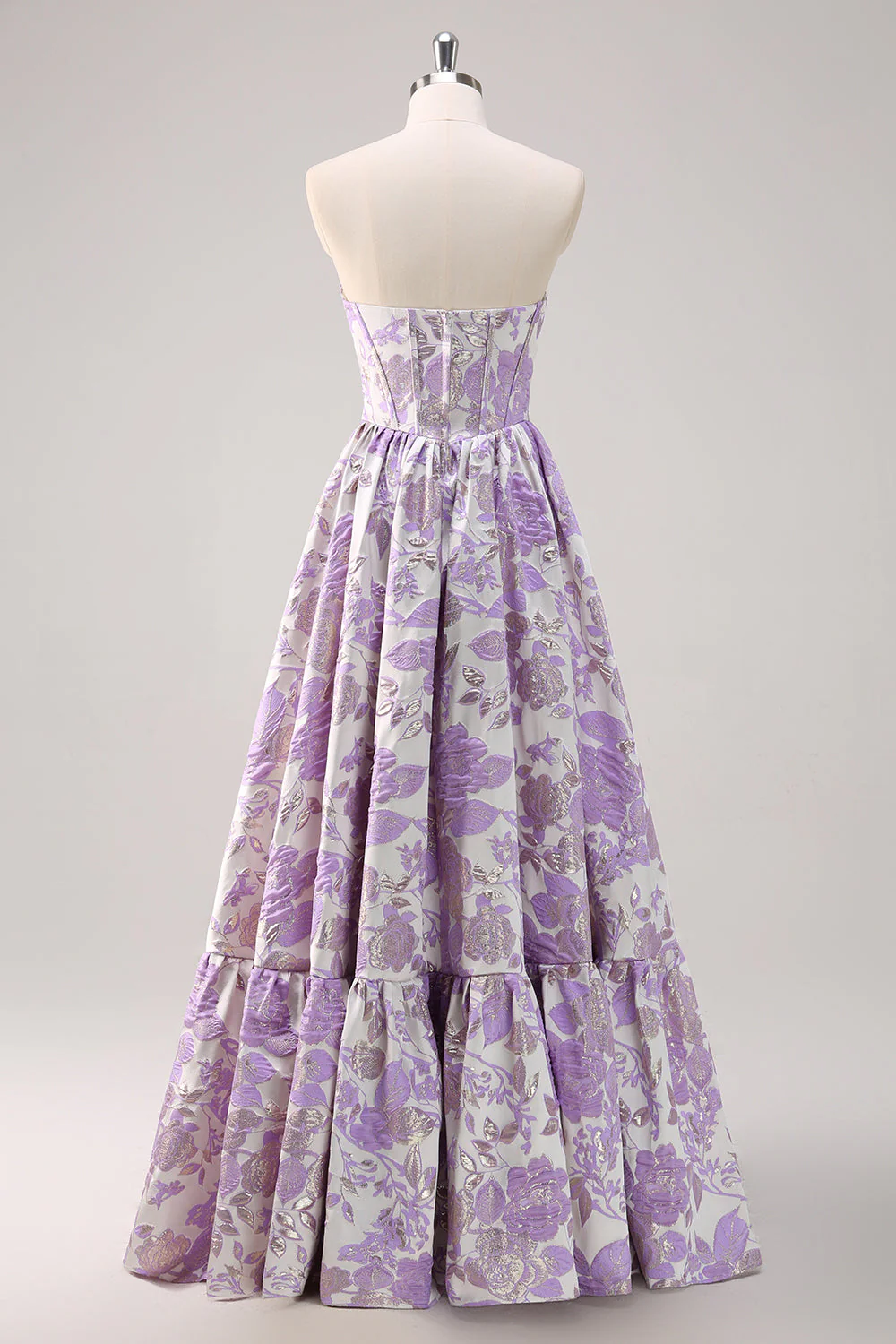 Elegant Strapless Floral Brocade Tiered Ruffle Maxi Prom Dress with Corset Bodice
