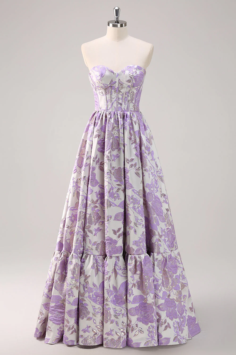 Elegant Strapless Floral Brocade Tiered Ruffle Maxi Prom Dress with Corset Bodice