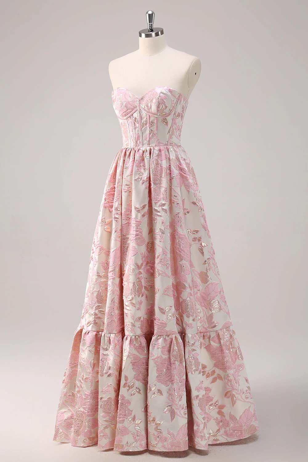 Elegant Strapless Floral Brocade Tiered Ruffle Maxi Prom Dress with Corset Bodice