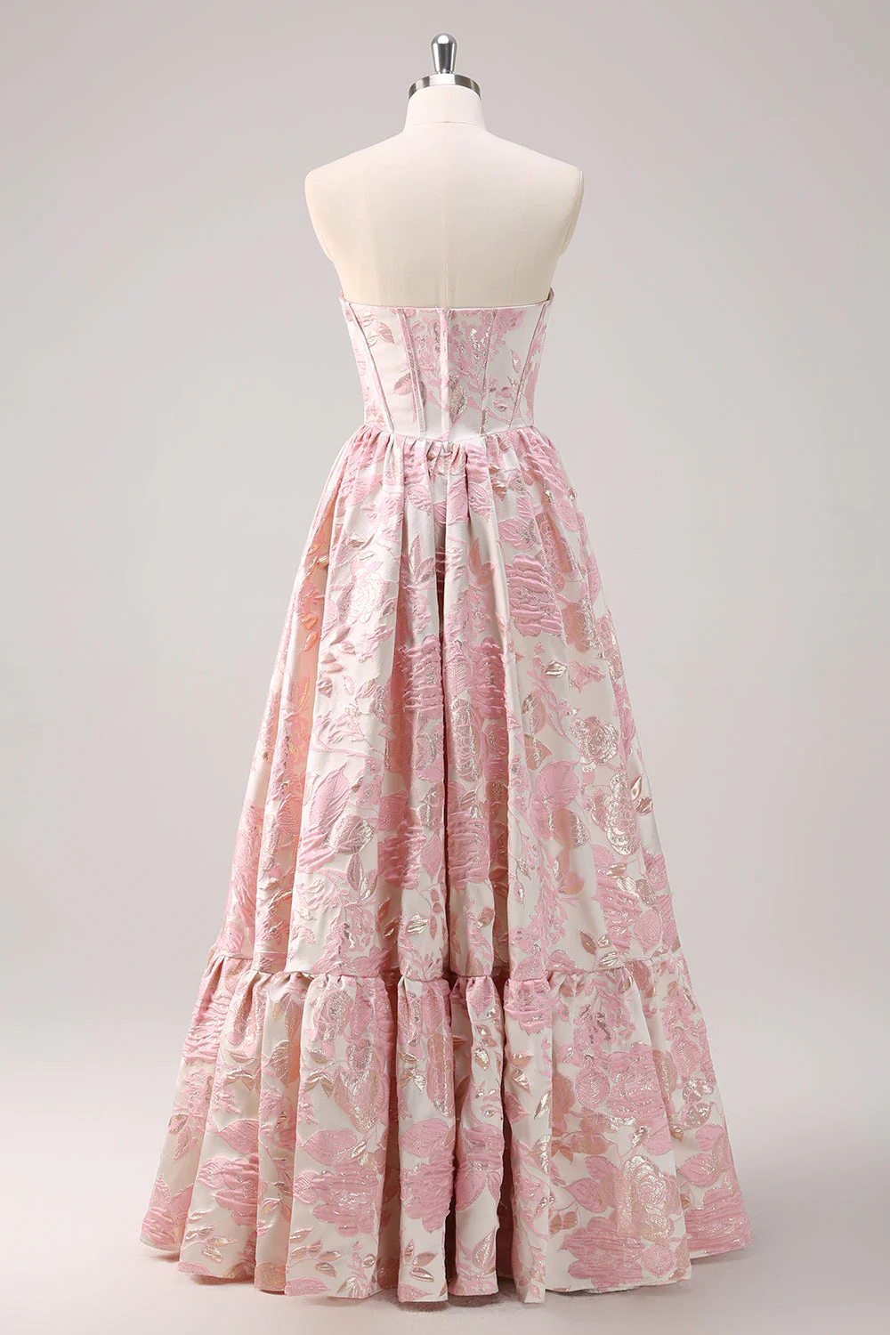 Elegant Strapless Floral Brocade Tiered Ruffle Maxi Prom Dress with Corset Bodice