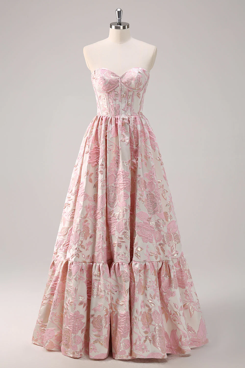 Elegant Strapless Floral Brocade Tiered Ruffle Maxi Prom Dress with Corset Bodice