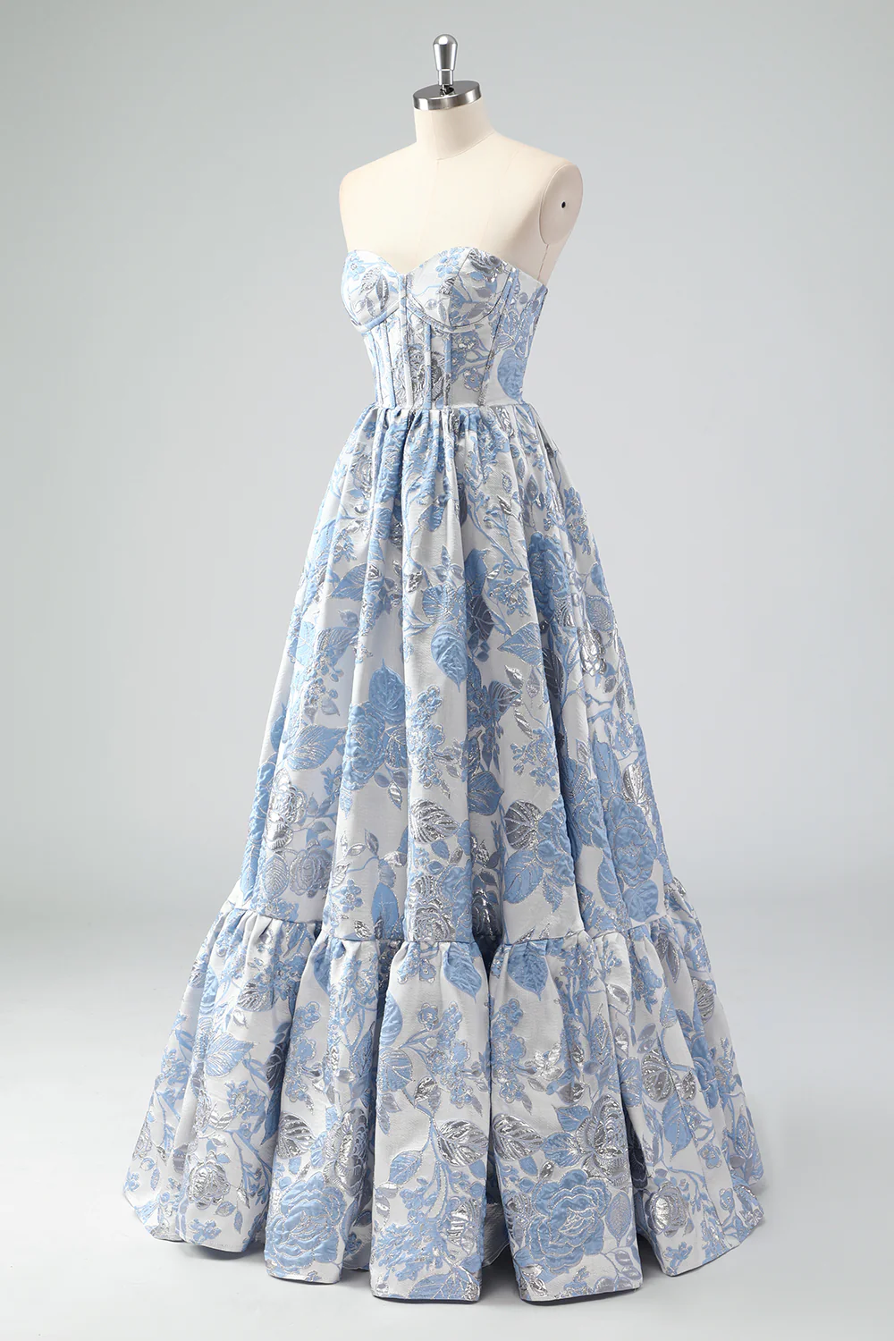 Elegant Strapless Floral Brocade Tiered Ruffle Maxi Prom Dress with Corset Bodice
