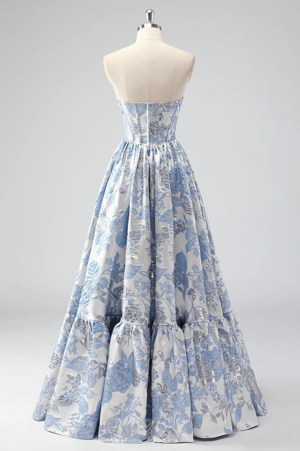 Elegant Strapless Floral Brocade Tiered Ruffle Maxi Prom Dress with Corset Bodice