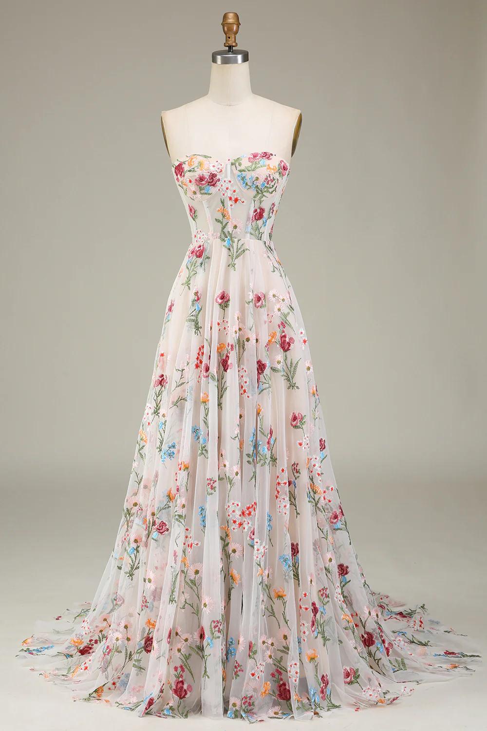 Elegant Strapless Floral Embroidered Tulle Maxi Prom Dress with Lace-Up Back and Train