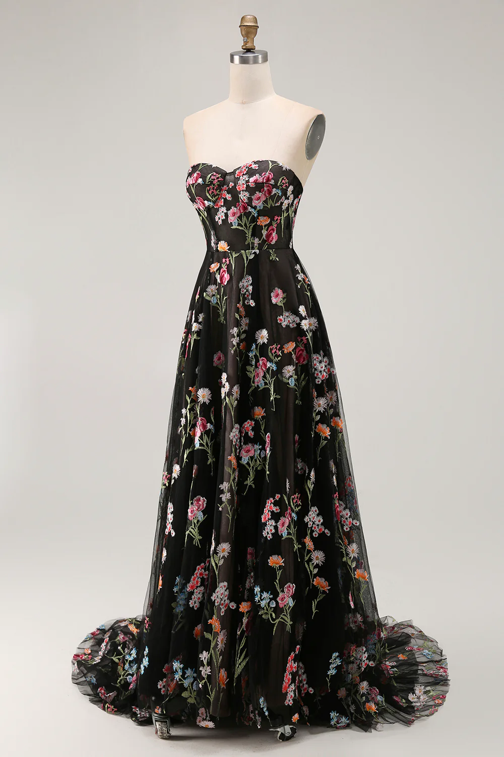 Elegant Strapless Floral Embroidered Tulle Maxi Prom Dress with Lace-Up Back and Train