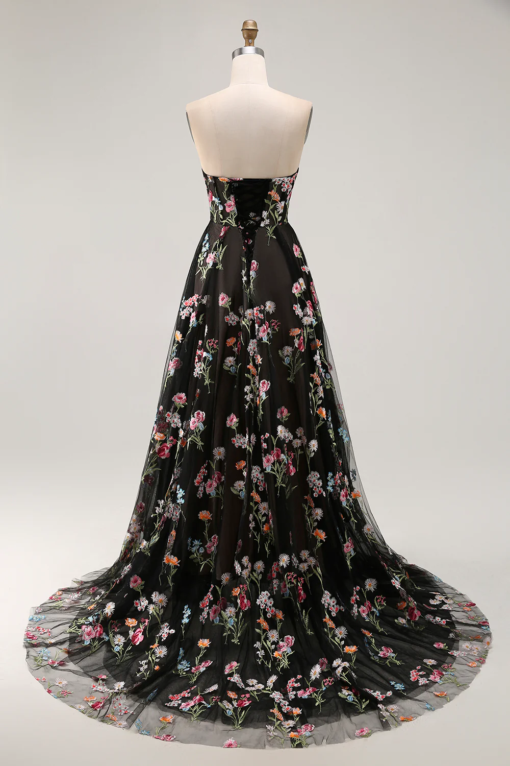 Elegant Strapless Floral Embroidered Tulle Maxi Prom Dress with Lace-Up Back and Train