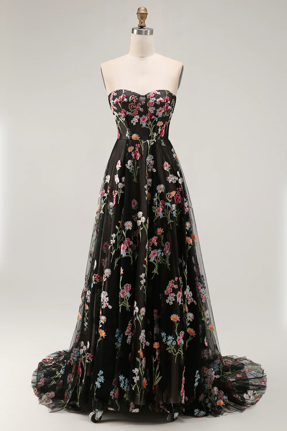 Elegant Strapless Floral Embroidered Tulle Maxi Prom Dress with Lace-Up Back and Train