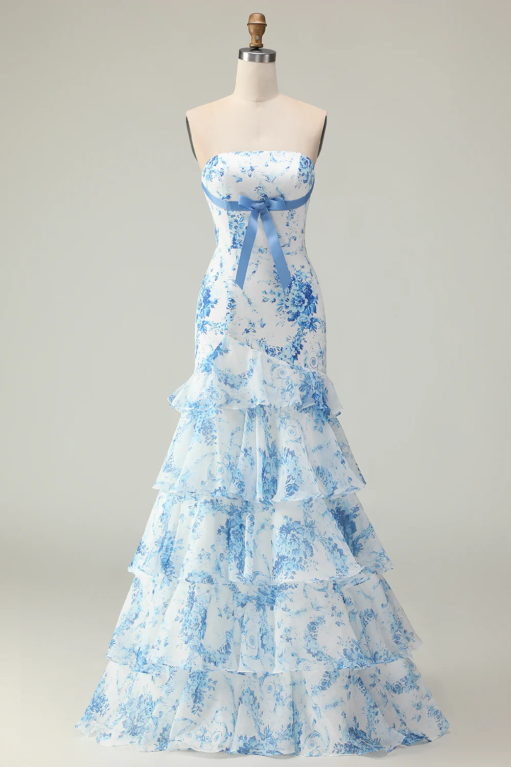 Elegant Strapless Floral Print Mermaid Prom Dress with Tiered Ruffle Skirt and Waist Bow Accent