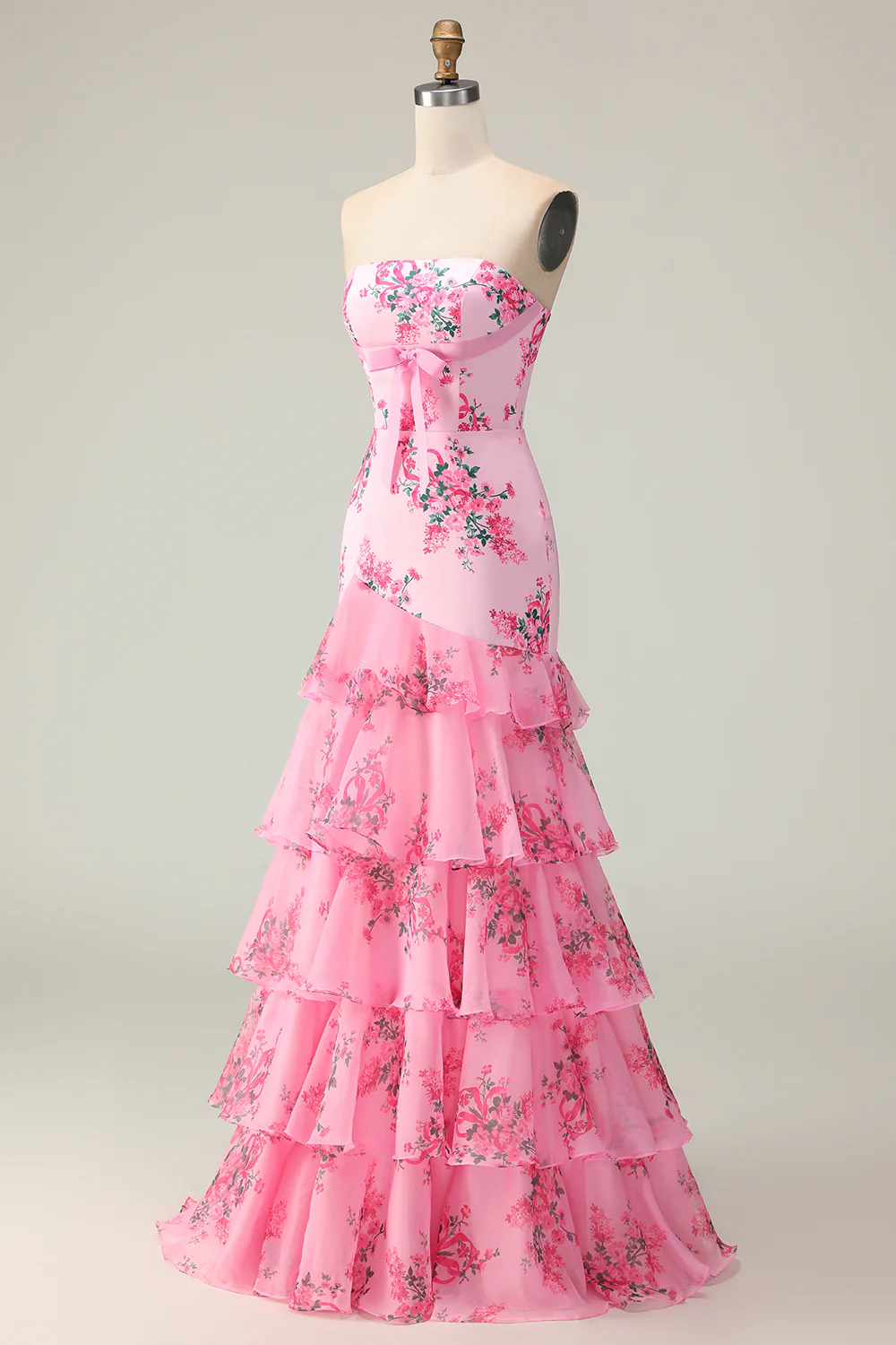Elegant Strapless Floral Print Mermaid Prom Dress with Tiered Ruffle Skirt and Waist Bow Accent