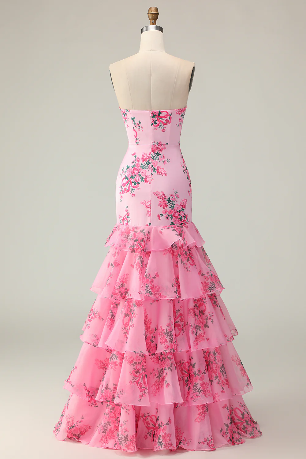 Elegant Strapless Floral Print Mermaid Prom Dress with Tiered Ruffle Skirt and Waist Bow Accent