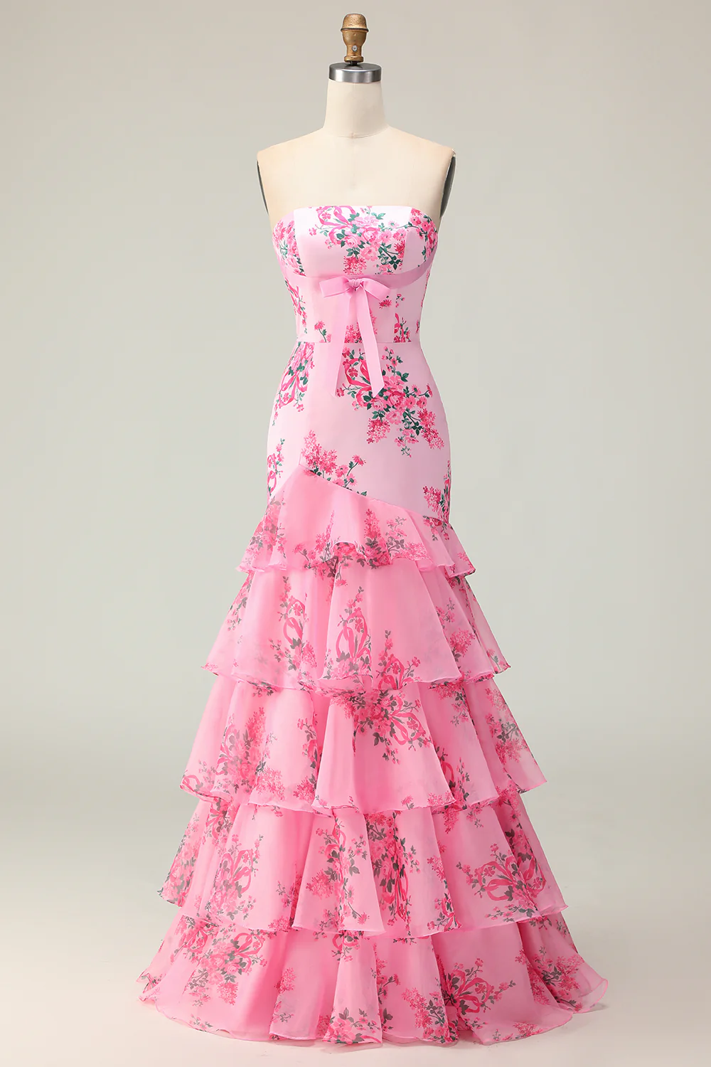 Elegant Strapless Floral Print Mermaid Prom Dress with Tiered Ruffle Skirt and Waist Bow Accent