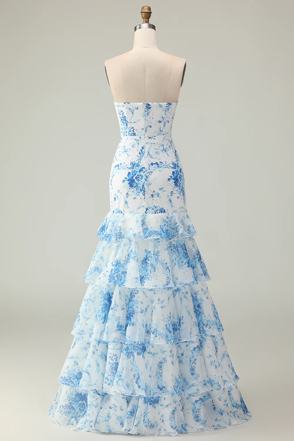 Elegant Strapless Floral Print Mermaid Prom Dress with Tiered Ruffle Skirt and Waist Bow Accent