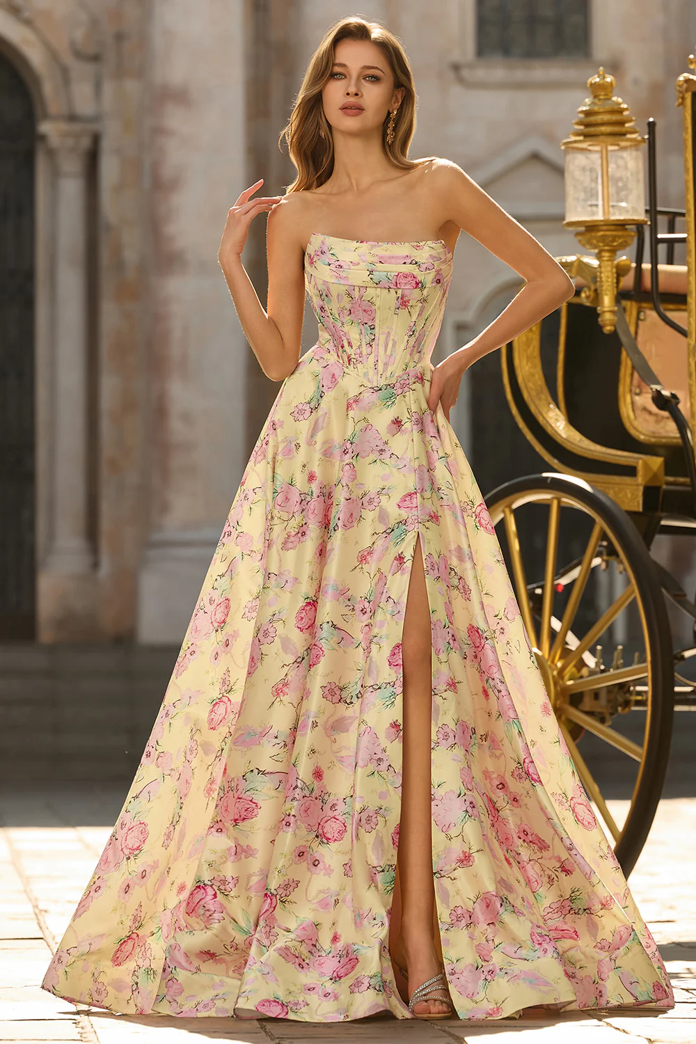 Elegant Strapless Floral Print Satin Prom Dress with Structured Corset Bodice, High Slit and Trailing Train