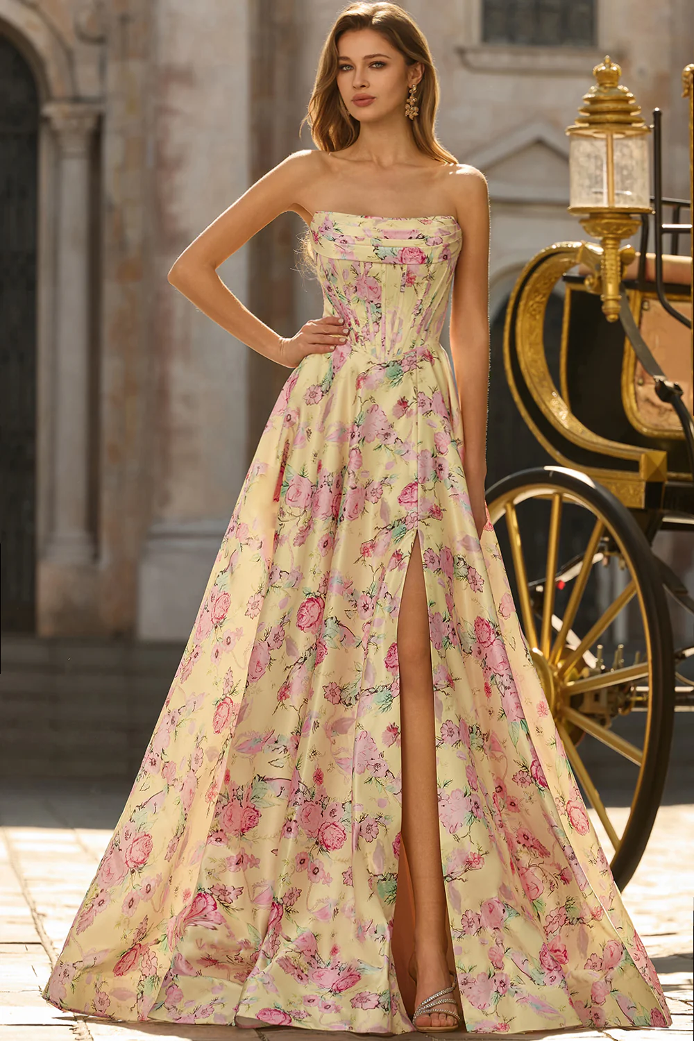 Elegant Strapless Floral Print Satin Prom Dress with Structured Corset Bodice, High Slit and Trailing Train