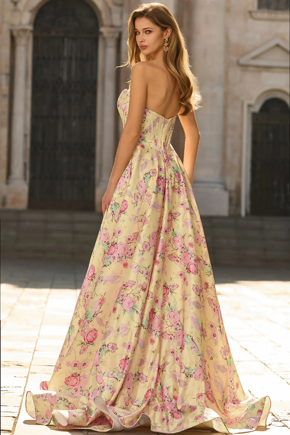 Elegant Strapless Floral Print Satin Prom Dress with Structured Corset Bodice, High Slit and Trailing Train