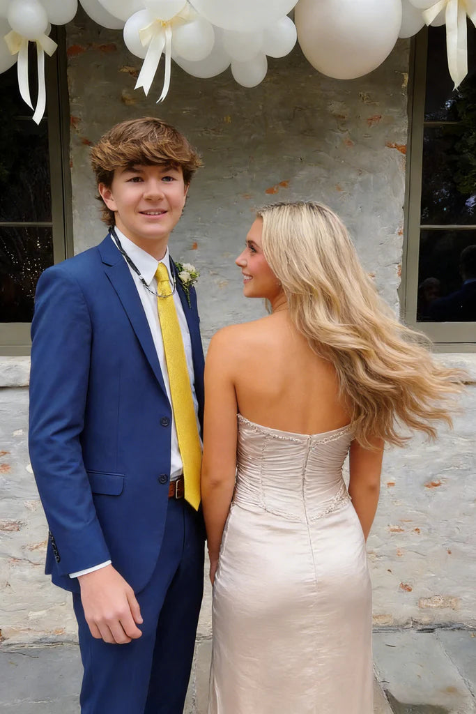 Elegant Strapless Prom Dresses with Ruched Bodice, Ruffle Trim, Side Slit and Flowing Satin Maxi Silhouette Formal Gown