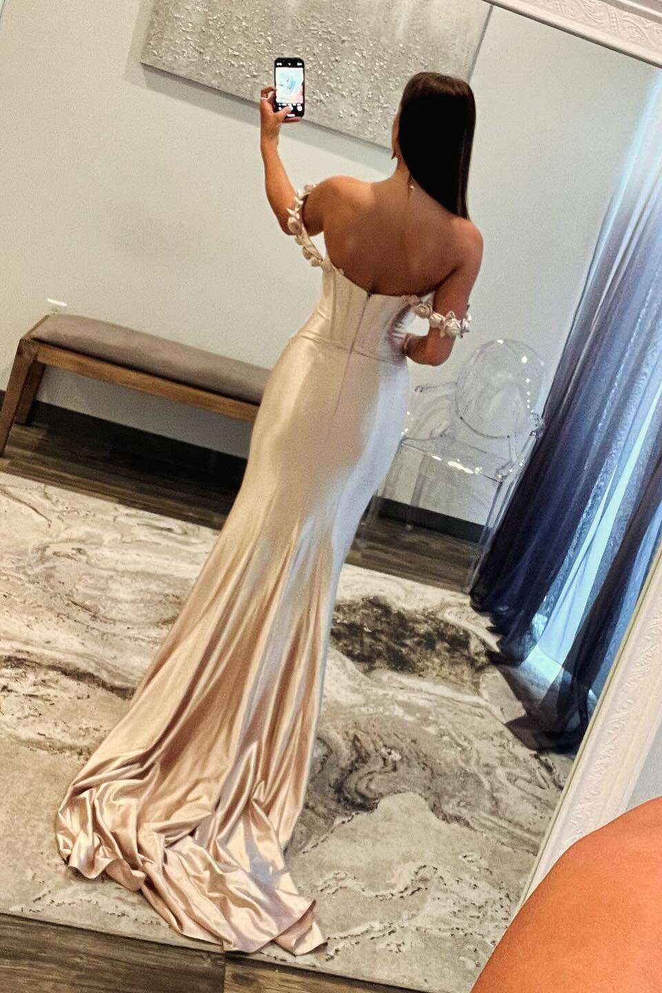 Elegant Strapless Sweetheart Satin Mermaid Prom Dress with Ruffled Off-Shoulder Detail & Low Open Back