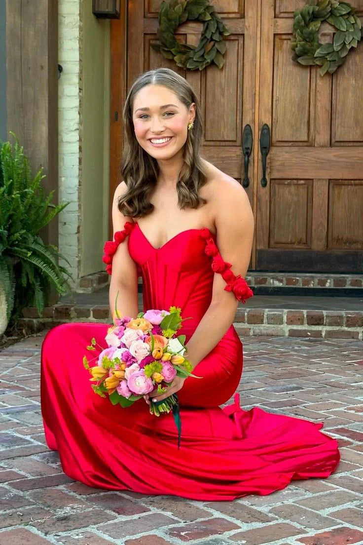 Elegant Strapless Sweetheart Satin Mermaid Prom Dress with Ruffled Off-Shoulder Detail & Low Open Back