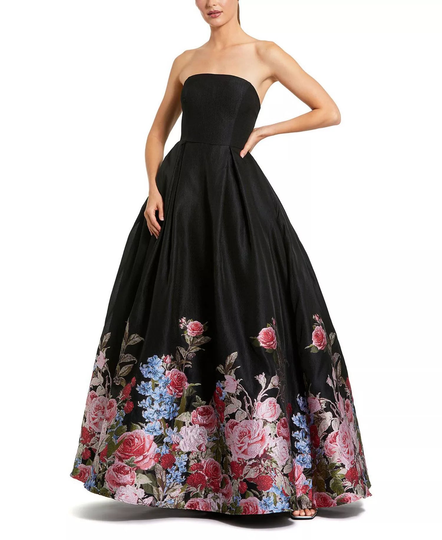 Elegant Structured Floral Strapless Sleeveless Ball Gown Embroidered Hem Floor-Length Prom Dress
