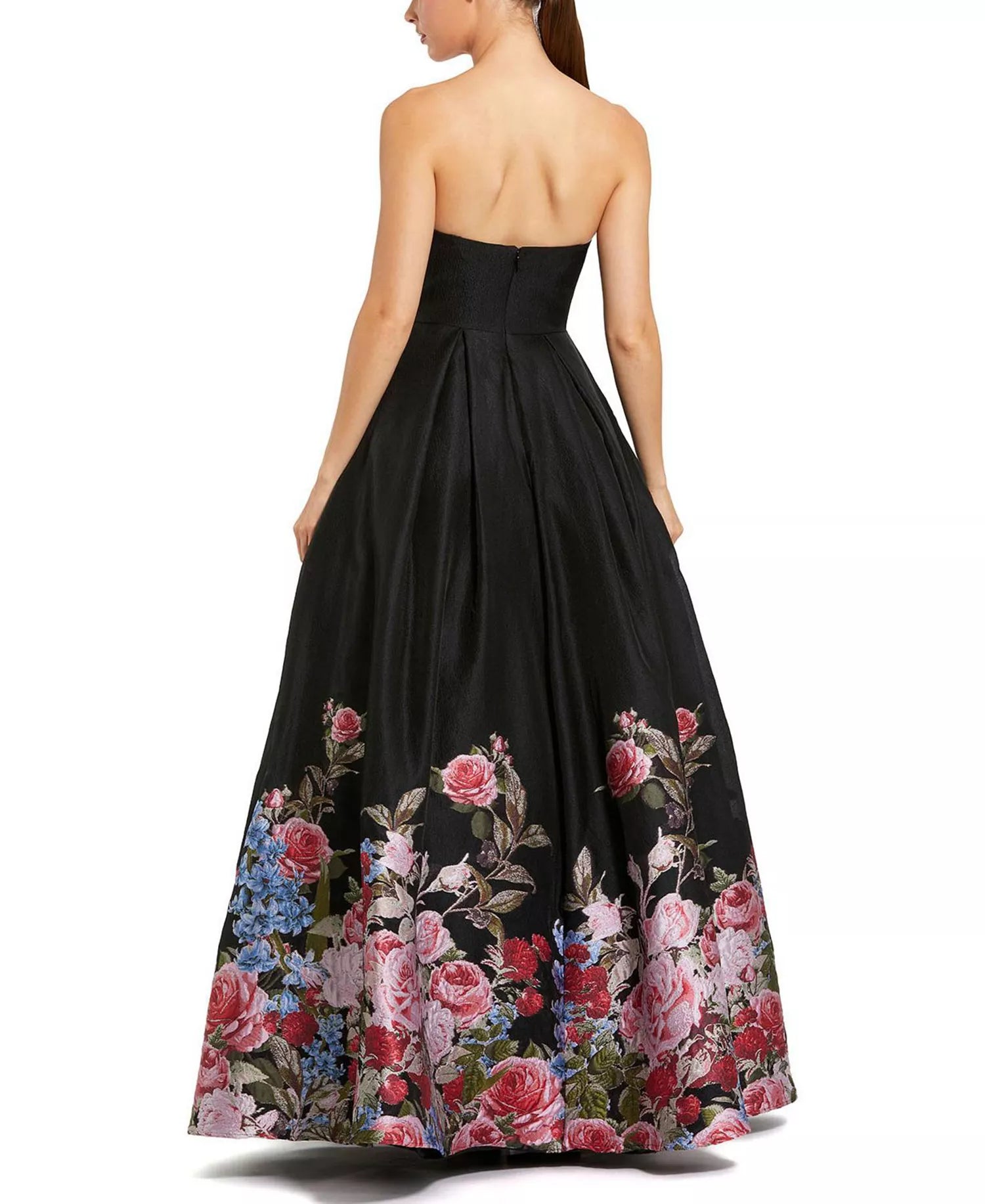 Elegant Structured Floral Strapless Sleeveless Ball Gown Embroidered Hem Floor-Length Prom Dress
