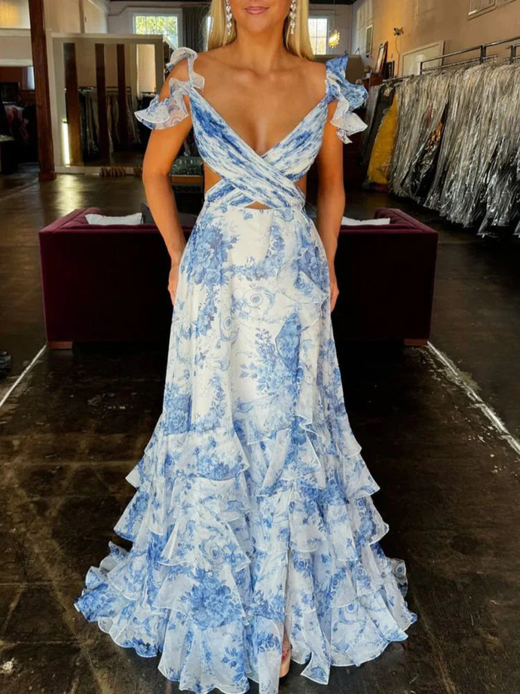 Elegant Timeless Fitted A-Line Cold Shoulder Ruffled Tiered Floor-Length Floral Print Prom Dresses