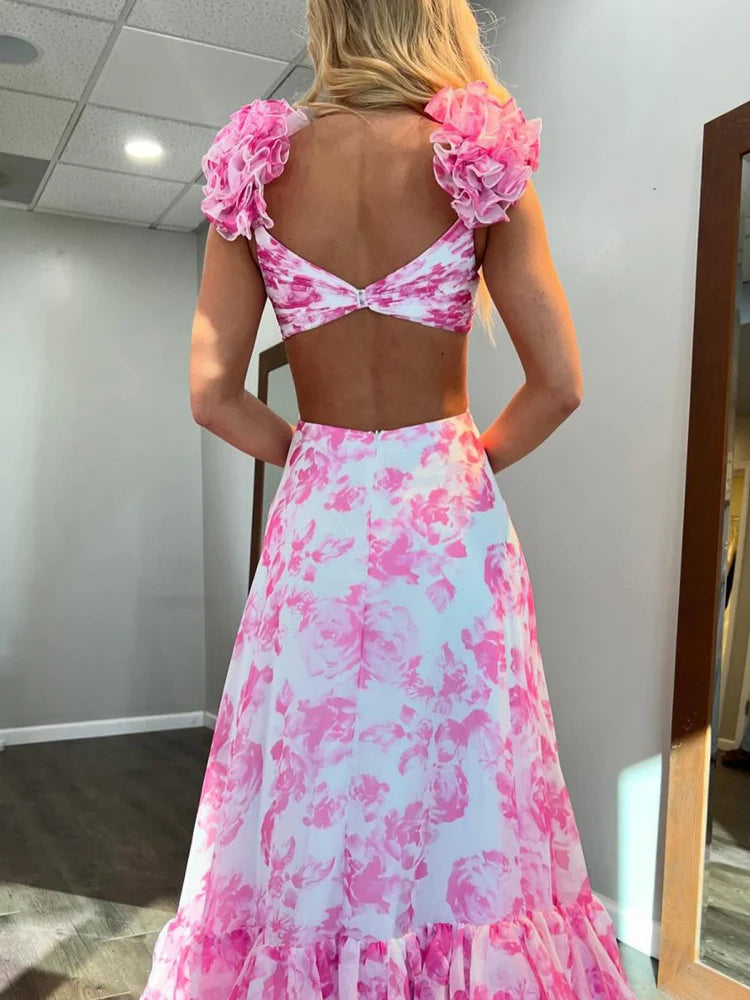 Elegant Timeless Fitted A-Line Cold Shoulder Ruffled Tiered Floor-Length Floral Print Prom Dresses