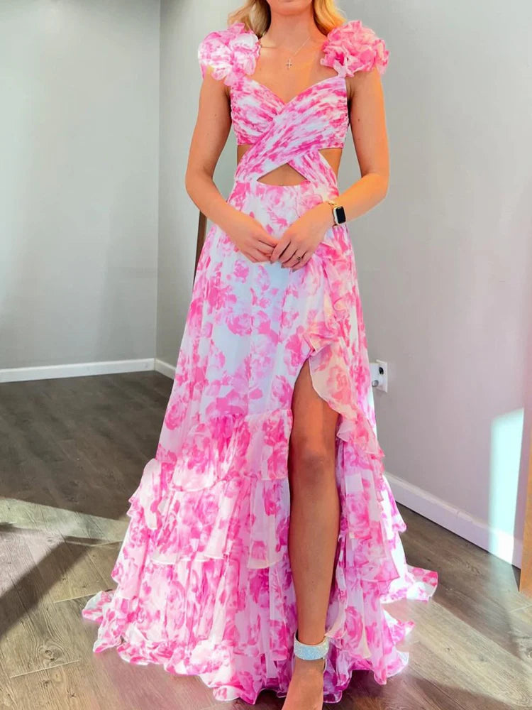 Elegant Timeless Fitted A-Line Cold Shoulder Ruffled Tiered Floor-Length Floral Print Prom Dresses
